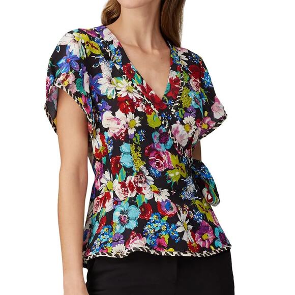 Nanette Lepore Shirt Womens 6 Black Multicolor Floral Boquet Wrap Top - Picture 1 of 13